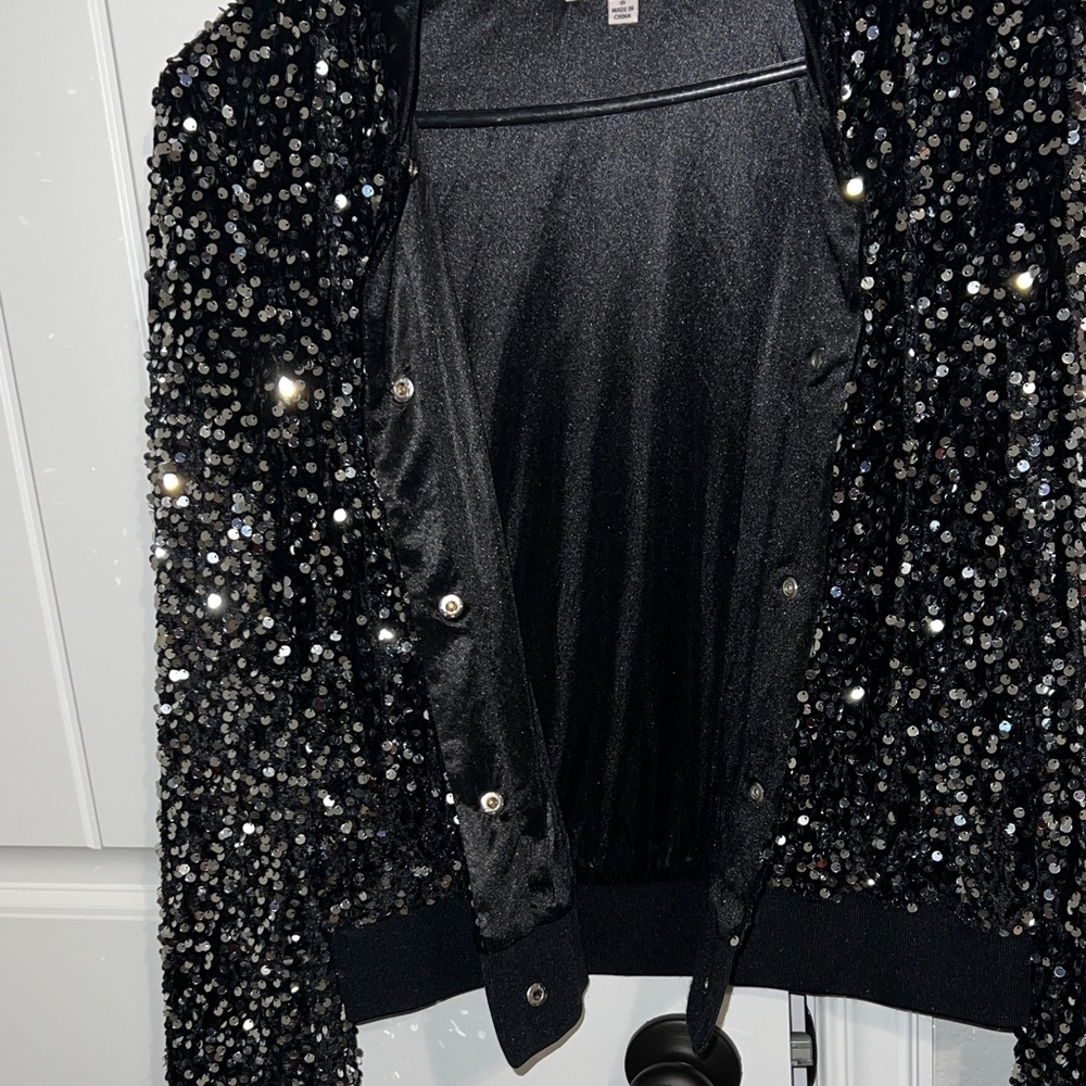 Nanette Lepore Sparkling Sequin Black Bomber Jacket - Picture 8 of 9